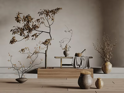 Natural Wooden Coffee Table With Potted Plants And Ceramic Vases 3d model
