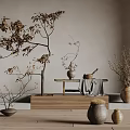 Natural Wooden Coffee Table With Potted Plants And Ceramic Vases