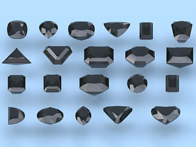 Various Shapes of Black Stones with Geometric Facets Neatly Arranged on Light Blue Background 3d model