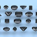 Various Shapes of Black Stones with Geometric Facets Neatly Arranged on Light Blue Background