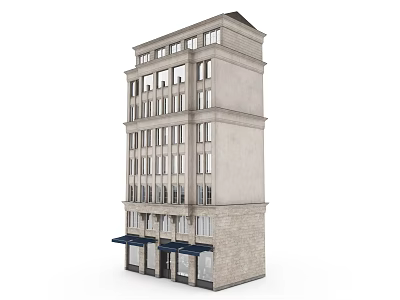Multi Story Commercial Building With Multiple Windows Ground Floor Shops And Blue Awnings 3d model