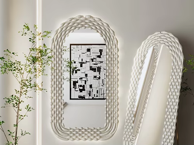 White Woven Frame Decorative Mirrors With Green Plants On Light Wall 3d model