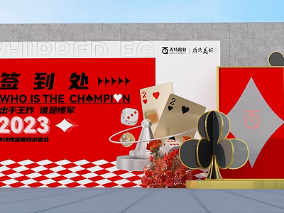 2023 Who is the Champion Check in Area with Playing Cards Dice and Golden Decorations 3d model
