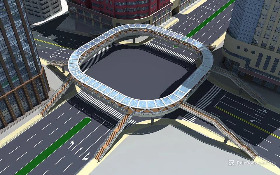 Modern Urban Circular Bridge with Glass Roof Structure in City Road Intersection 3d model 