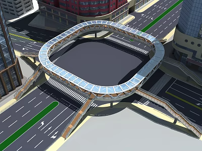 Modern Urban Circular Bridge with Glass Roof Structure in City Road Intersection 3d model