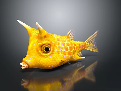 Yellow Horned Fish With Spotted Body Spines Big Eyes And Reflective Surface 3d model