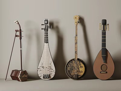 Four Chinese Traditional String Instruments with Painted Artworks Arranged on Neutral Backdrop 3d model