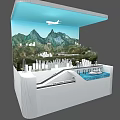 Commercial Equipment 3D Model Display with Mountain Cityscape Airplane Dock and Boat