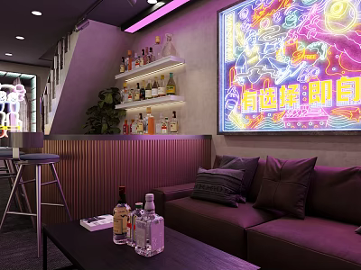 Modern Bar Interior With Neon Sign Purple Sofa And Wine Bottles On Shelves 3d model