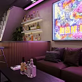 Modern Bar Interior With Neon Sign Purple Sofa And Wine Bottles On Shelves