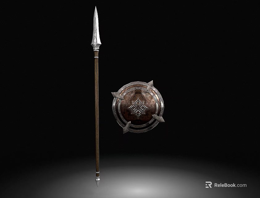 Medieval Spear And Decorative Shield With Metal Details And Wooden Shaft 3d model