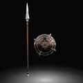 Medieval Spear And Decorative Shield With Metal Details And Wooden Shaft