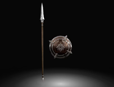 Medieval Spear And Decorative Shield With Metal Details And Wooden Shaft 3d model