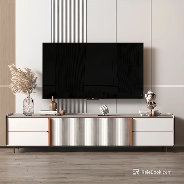 Modern TV Stand With Drawers And Decorative Items Under Wall Mounted TV 3d model 