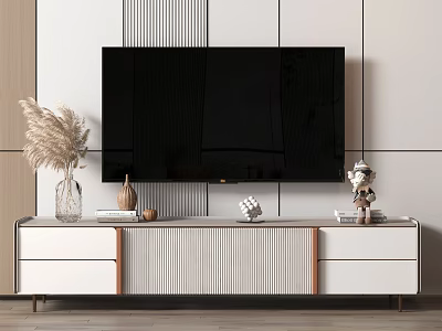 Modern TV Stand With Drawers And Decorative Items Under Wall Mounted TV 3d model