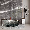 Modern Transparent Glass Coffee Table On Rug With Marble Wall Green Plant And Sculpture
