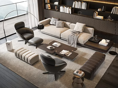 Modern Living Room Interior With Sofa Coffee Table Set Pillows Armchairs And Bookshelves 3d model