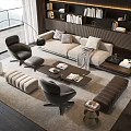 Modern Living Room Interior With Sofa Coffee Table Set Pillows Armchairs And Bookshelves