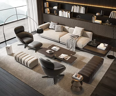 Modern Living Room Interior With Sofa Coffee Table Set Pillows Armchairs And Bookshelves 3d model