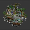 Cartoon Scene Featuring Floating Island With Fairy Castles Trees Bridges And Glowing Structures