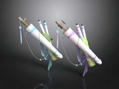 Colorful Scroll Shaped Household Items With Blue Purple Green Straps Tassels And Chains 3d model