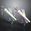 Colorful Scroll Shaped Household Items With Blue Purple Green Straps Tassels And Chains