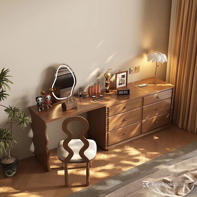 Cozy Wooden Dressing Table With Mirror Chair Table Lamp Cosmetics And Photo Frame 3d model 