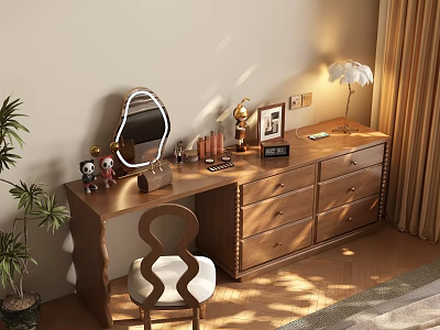 Cozy Wooden Dressing Table With Mirror Chair Table Lamp Cosmetics And Photo Frame 3d model