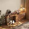 Cozy Wooden Dressing Table With Mirror Chair Table Lamp Cosmetics And Photo Frame