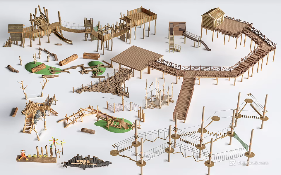 Wooden Garden Structures With Various Platforms Slides Rope Bridges Small Cabins And Grass Areas 3d model 