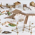 Wooden Garden Structures With Various Platforms Slides Rope Bridges Small Cabins And Grass Areas