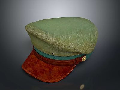 Green Linen Hat With Brown Leather Brim And Gold Button For Daily Life Use 3d model