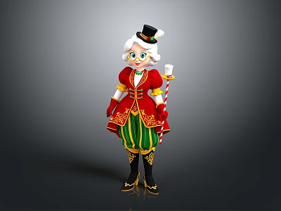 Festive Woman In Red Coat With Green Striped Skirt Gold Decorations And Black Top Hat 3d model
