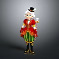 Festive Woman In Red Coat With Green Striped Skirt Gold Decorations And Black Top Hat