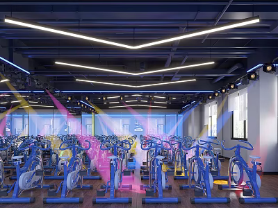 Fitness Gym Interior With Rows Of Spin Bikes And Modern Lighting Setup 3d model