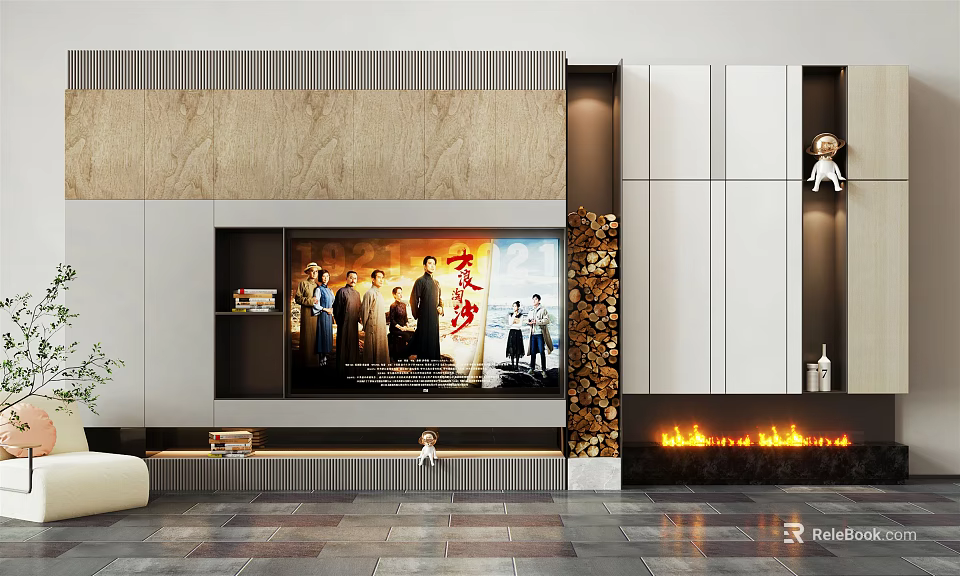 Modern TV Wall Interior Design With Wooden Panels Fireplace And Decorative Shelves 3d model 