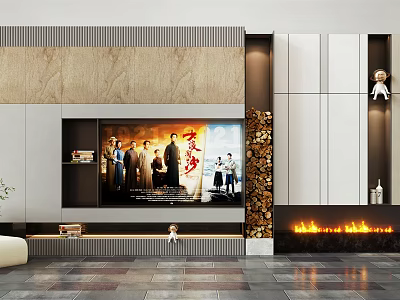 Modern TV Wall Interior Design With Wooden Panels Fireplace And Decorative Shelves 3d model