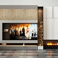 Modern TV Wall Interior Design With Wooden Panels Fireplace And Decorative Shelves