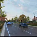 Beautiful Urban Road Landscape With Lush Trees Colorful Flowers And Passing Cars Under Soft Sky