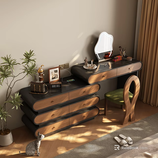 Stylish Dressing Table with Mirror Drawers Decorations and Chair in Bedroom 3d model 