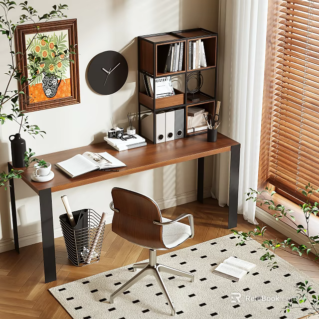 Wooden Desk with Open Book Vintage Camera File Folders Near Bookshelf Wall Clock and Plants 3d model 