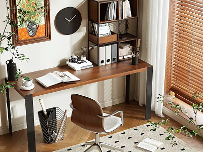 Wooden Desk with Open Book Vintage Camera File Folders Near Bookshelf Wall Clock and Plants 3d model