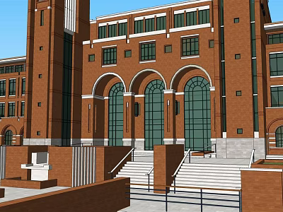Classic European Style Architecture Red Brick Exterior with Arched Windows Stone Steps and Clock Tower 3d model