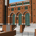 Classic European Style Architecture Red Brick Exterior with Arched Windows Stone Steps and Clock Tower