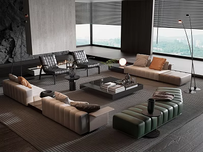 Modern Sofa And Coffee Table Set With Pillows Floor Lamp And Scenic Window View 3d model