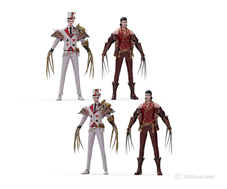 Game And Movie Characters With White Red Outfits Feathered Hats And Clawed Hands 3d model 