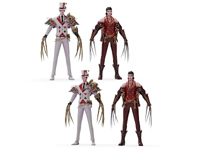 Game And Movie Characters With White Red Outfits Feathered Hats And Clawed Hands 3d model
