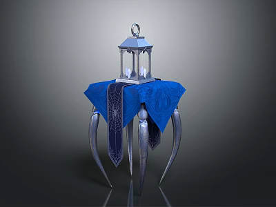 Elegant Decorative Lantern On Blue Patterned Tablecloth With Ornate Metal Legs 3d model