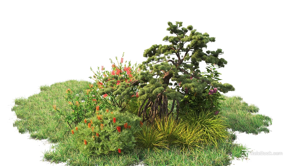 Lush Shrub Garden With Green Grass Red Flowers Yellow Grass and Pine Tree 3d model 