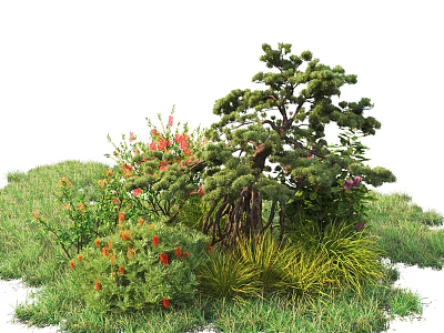 Lush Shrub Garden With Green Grass Red Flowers Yellow Grass and Pine Tree 3d model